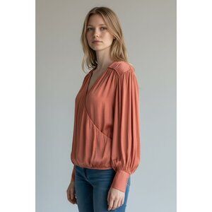 NEW Calligraphie Womens Coral Wrap Blouse Size L Long Sleeves Satin Crepe Boho